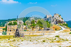 Historical weapons situated inside of the Chateau des Baux perched in Les Baux des Provence village in France