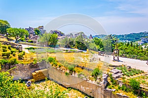 Historical weapons situated inside of the Chateau des Baux perched in Les Baux des Provence village in France