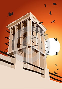 Historical Wind Tower and Birds Vector Illustration Dubai, Unite