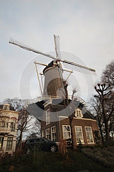 Historical windmill slot in Gouda along the Hollandse IJssel