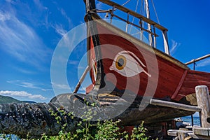 Historical wooden shipwreck reconstruction detail with bamboo on land, Urla, Izmir, Turkey. Ancient Greek culture, Kybele ship and