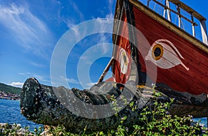 Historical wooden shipwreck reconstruction detail with bamboo on land, Urla, Izmir, Turkey. Ancient Greek culture, Kybele ship.