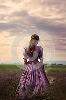 Historical young early american pioneer woman overlooking a vast field. With a purple dress. Sunset sky. photo