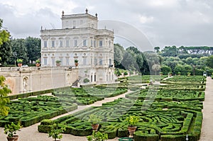 Historically, an important architectural building landmark castle with garden and flowers and shrubs ladshaftnym design in the for