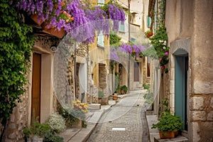 Historically old town with flowering plants and colorful flowers. Generative ai