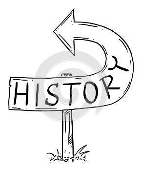 History Arrow Sign Bent Backward, Showing Wrong Direction, Moving Back to Past Again, Repeating Time. Vector Cartoon