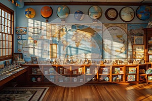 A history classroom with world maps.Easter-themed historical dioramas and timeline of spring festivals. photo