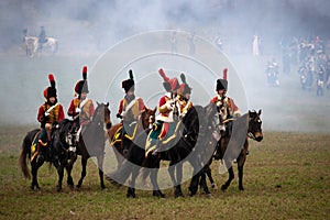 History fans in military costume reenacts the Battle of Three Emperors