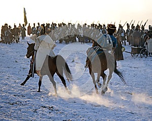 History fans in military costumes reenacts the Battle of Three Emperors