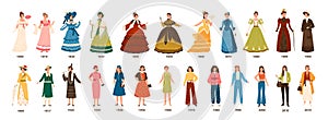 History of fashion. Collection of female clothing by decades. Bundle of pretty women dressed in stylish clothes isolated