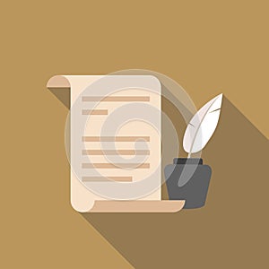 History flat icon with long shadow. Simple scroll and feather quill pen ink pictogram vector illustration