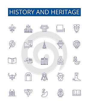 History and heritage line icons signs set. Design collection of Heritage, History, Culture, Ancestry, Tradition, Legacy