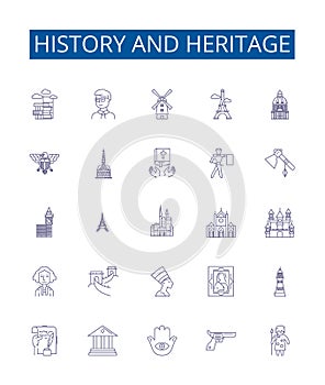 History and heritage line icons signs set. Design collection of Heritage, History, Culture, Ancestry, Tradition, Legacy