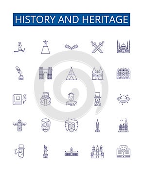 History and heritage line icons signs set. Design collection of Heritage, History, Culture, Ancestry, Tradition, Legacy