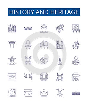 History and heritage line icons signs set. Design collection of Heritage, History, Culture, Ancestry, Tradition, Legacy