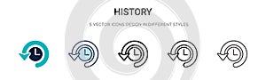 History icon in filled, thin line, outline and stroke style. Vector illustration of two colored and black history vector icons