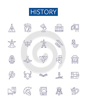 History line icons signs set. Design collection of Past, Era, Age, Chronicle, Annals, Antiquity, Time, Memory outline