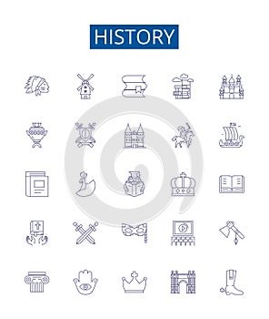History line icons signs set. Design collection of Past, Era, Age, Chronicle, Annals, Antiquity, Time, Memory outline