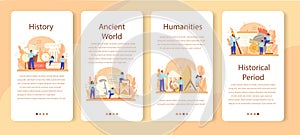 History mobile application banner set. History school subject.