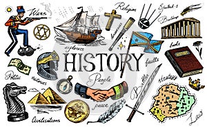 The history of people, science and education, religion and travel, discoveries and old ancient symbols. Retro ship