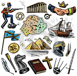 The history of people, science and education, religion and travel, discoveries and old ancient symbols. Retro ship
