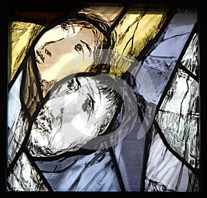 History of salvation - detail, stained glass window by Sieger Koder in church of St Bartholomew in Leutershausen, Germany