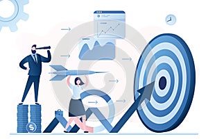 Hit business targets. Stock market analysis. Businesspeople with dart, growing graph and target