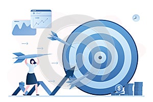 Hit business targets. Stock market analysis. Woman holding dart, growing graph and target