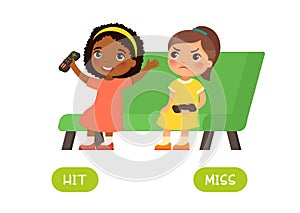 Hit and miss antonyms word card, Opposites concept. Flashcard for English language learning.