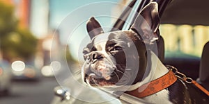 Hit the Open Road Funny Boston Terrier Dog with Leash Embarks on Summer Journey - Generative AI
