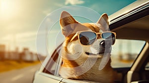Hit the Open Road Funny Shiba Inu Dog with Sunglasses and Leash Embarks on Summer Journey - Generative AI