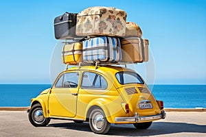 Hit the Road: A Colorful Journey with Luggage, Beach Gear, and a Yellow Retro Car