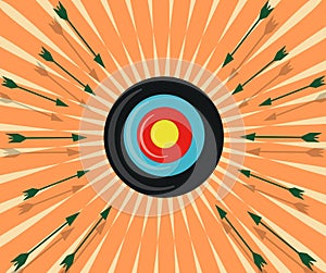 Colorful target hit by arrows, archery, colors.