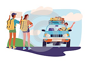 Hitchhikers and car vector concept