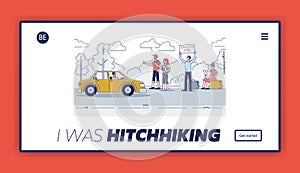 Hitchhikers on road landing page design with travelers thumbing and hiking passing cars