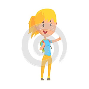 Hitchhiking blonde girl with backpack trying to stop a car, travelling