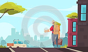 Hitchhiking Cartoon Illustration