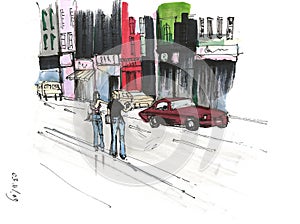 Hitchhiking on the city street, painted by markers