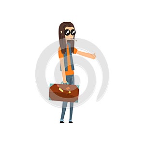 Hitchhiking young man with long hair trying to stop a car, guy travelling by autostop cartoon vector Illustration on a