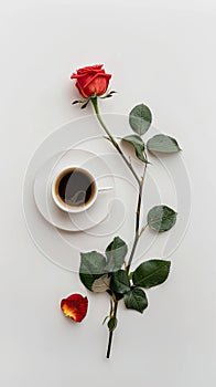 hite background with coffee and roses, minimalistic