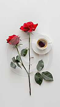 hite background with coffee and roses, minimalistic