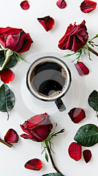 hite background with coffee and roses, minimalistic
