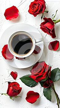 hite background with coffee and roses, minimalistic