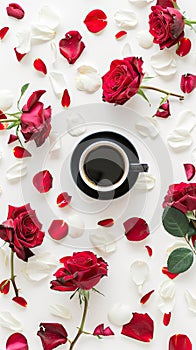 hite background with coffee and roses, minimalistic