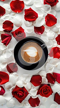 hite background with coffee and roses, minimalistic