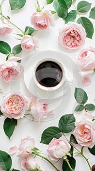 hite background with coffee and roses, minimalistic