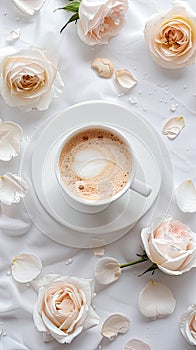 hite background with coffee and roses, minimalistic