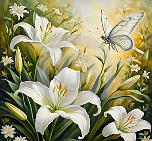 hite butterflies fluttering and landing on the petals of a white lily surrounded by flowers blooming in garden, generative AI
