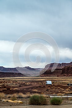 Hite Marina Campground with little white camper, Utah, USA.