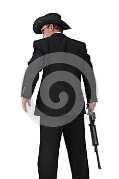 Hitman with a gun back-shot photo on white